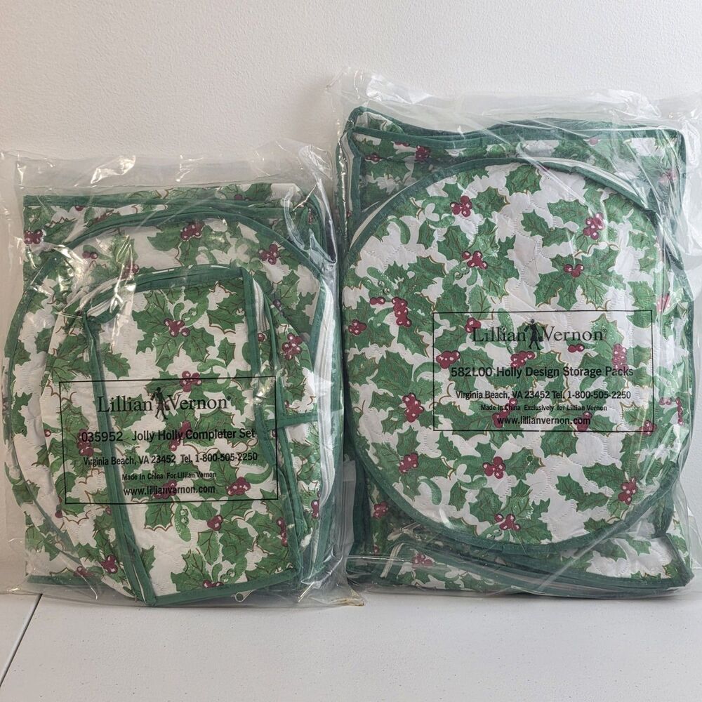 Lillian Vernon 10 pcs Holiday Storage Containers Holly Berry Pattern Quilted New